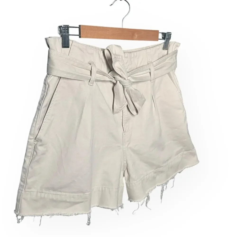 ALLSAINTS Cala Paperbag Belted Shorts Pleated Frayed Hem Beige Ivory High Rise